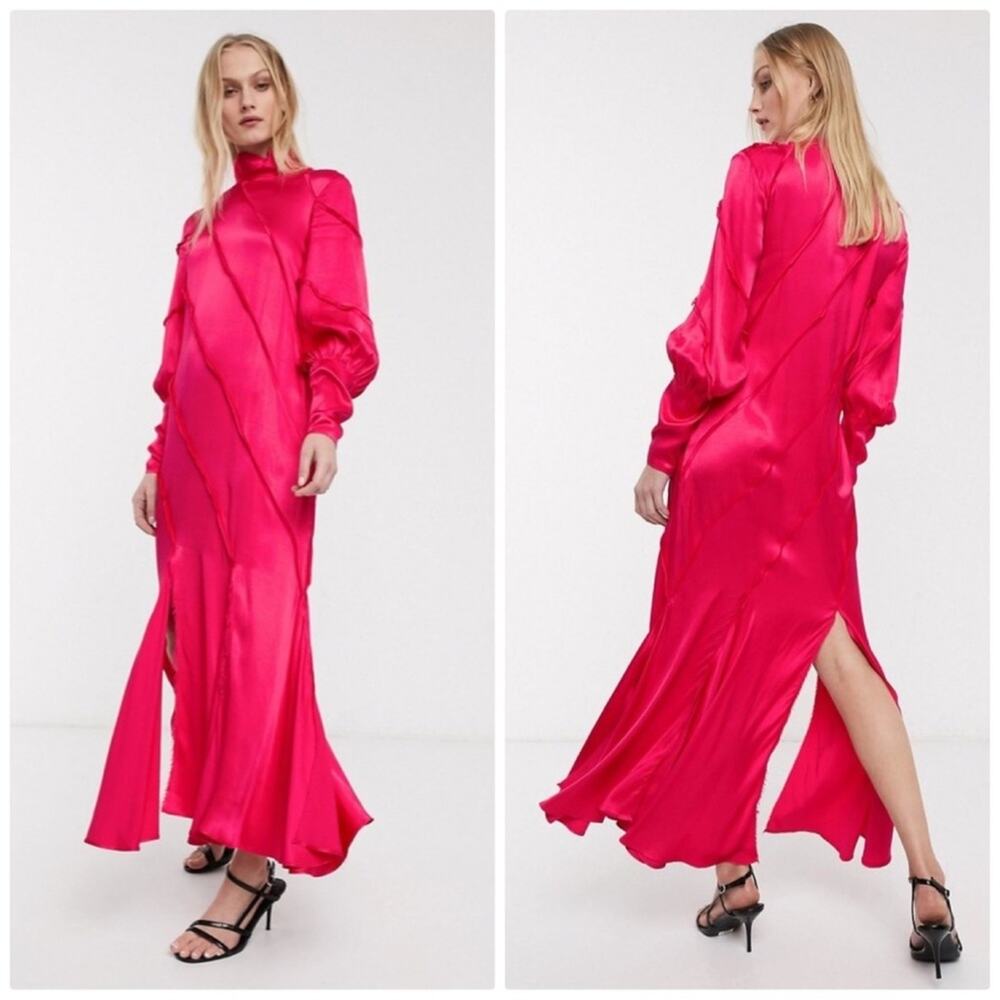 ASOS WHITE Raw Edge Hot‎ Pink Paneled High Neck Long Sleeve Maxi Dress Size 10